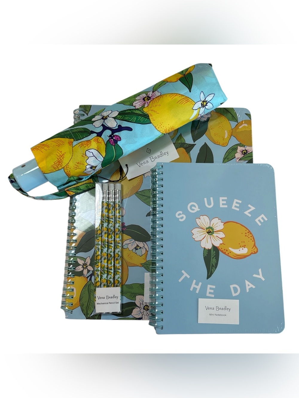 Vera Bradley Lemon Grove Umbrella, Pencil Set, Spiral Notebook, and Journal